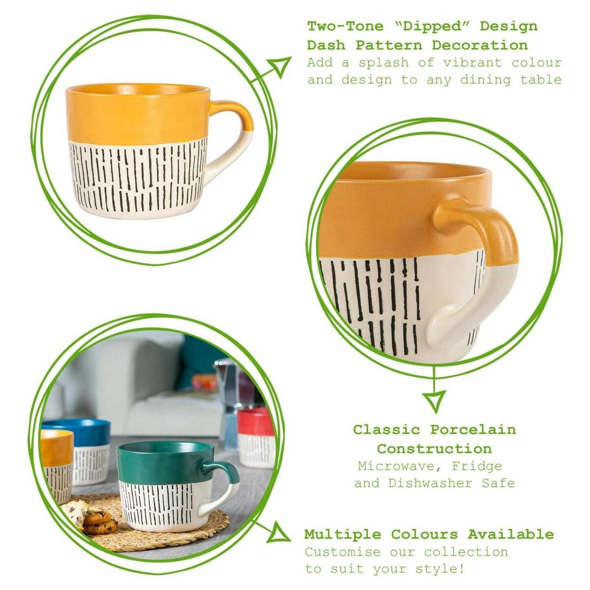 2x Yellow 450ml Dipped Dash Stoneware Coffee Mugs Large Ceramic Tea Cups Set - Image 2