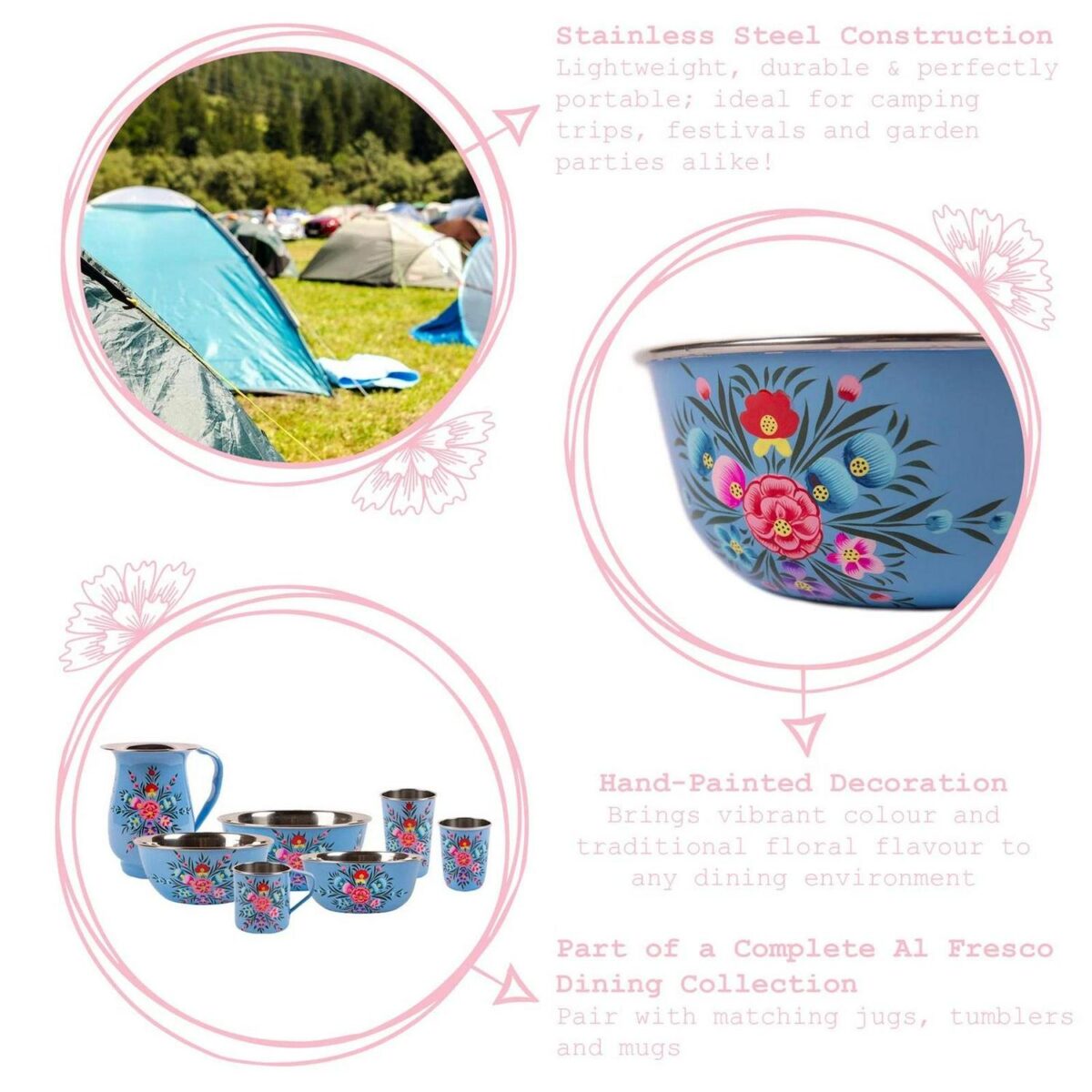 3pc Mint Pansy Stainless Steel Picnic Bowls Party Camping BBQ Set - Image 2