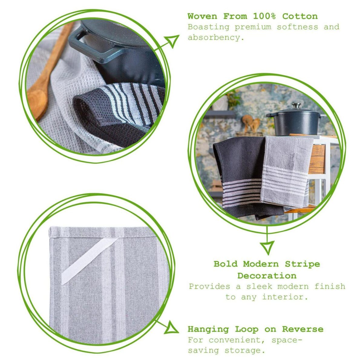3pc Monochrome 60cm x 40cm Cotton Tea Towels Set Kitchen Dish Towels Cloths - Image 2