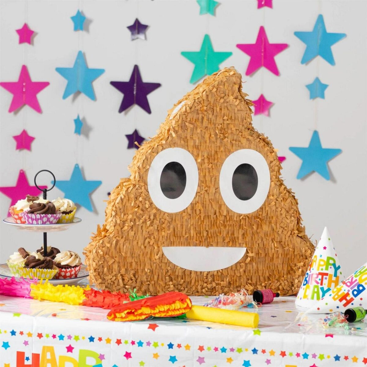 3pc Poop Emoji Pinata Set with Stick and Blindfold Pink Stick Birthday Party Game - Image 5