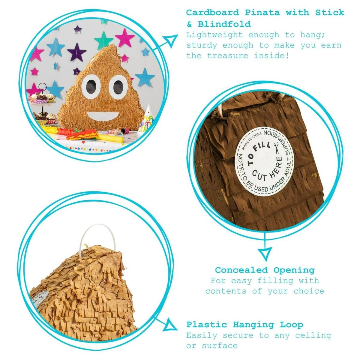 3pc Poop Emoji Pinata Set with Stick and Blindfold Pink Stick Birthday Party Game - Image 2