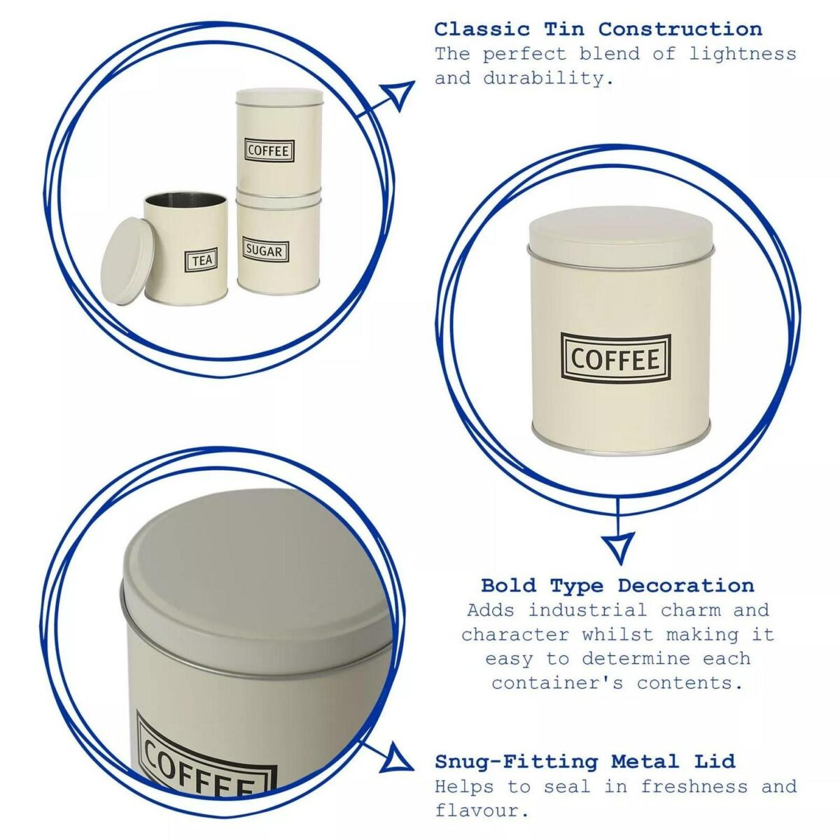 3pc Round Metal Tea Coffee Sugar Storage Set Airtight Kitchen Canister Jars Pots - Image 2