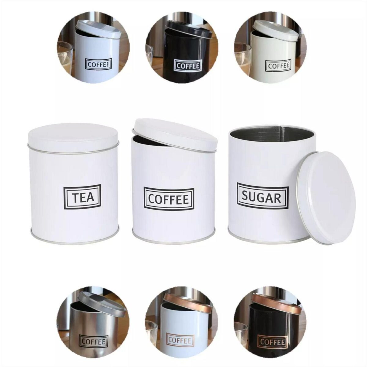 3pc Round Metal Tea Coffee Sugar Storage Set Airtight Kitchen Canister Jars Pots - Image 1