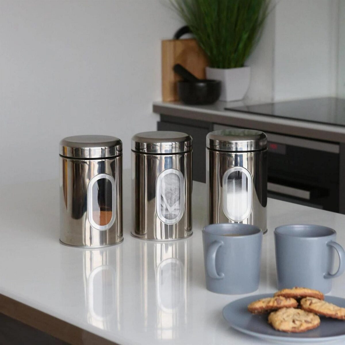 3pc Stainless Steel Food Storage Containers Set with Window Brushed Coffee Jar - Image 5