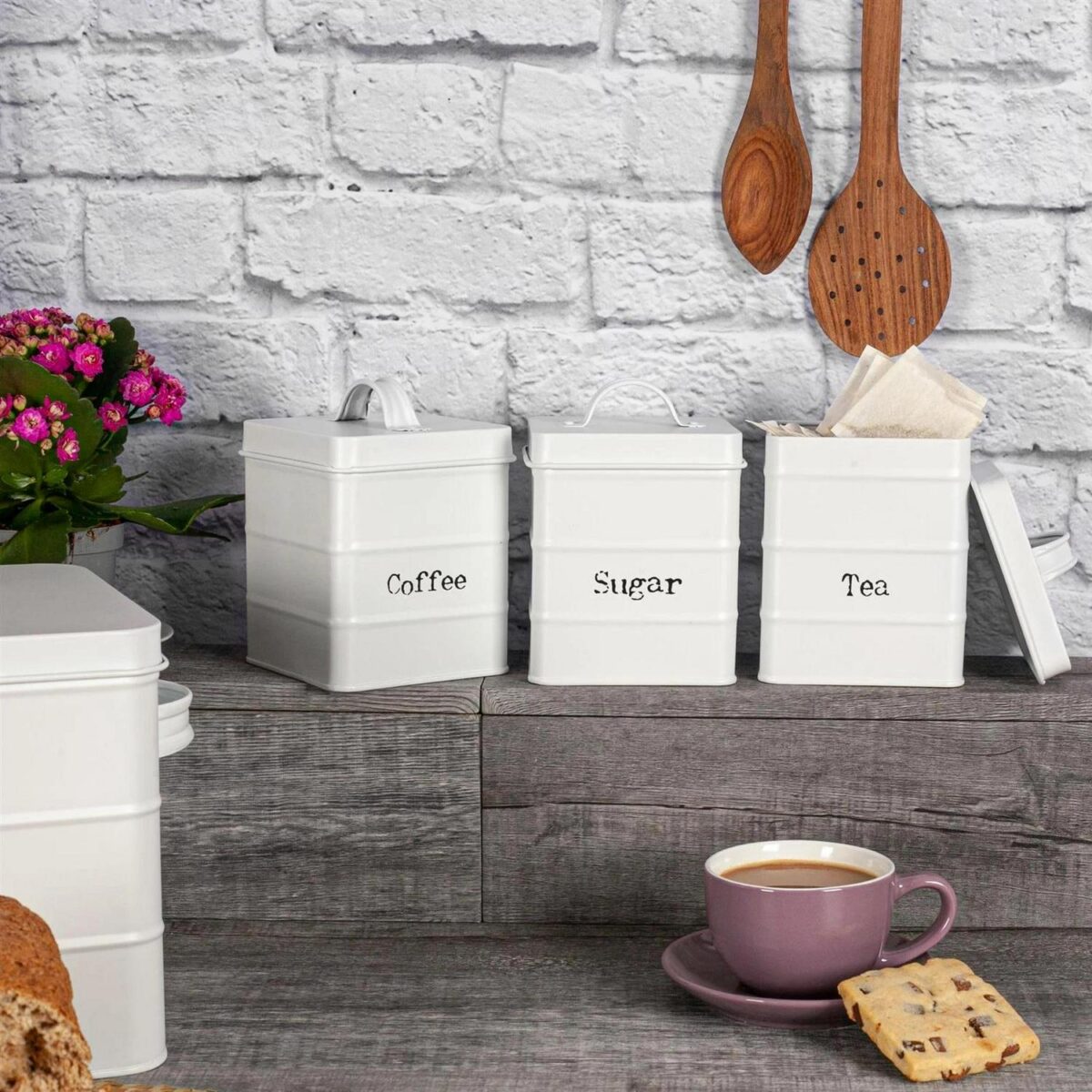 3pc Tea Coffee and Sugar Storage Canisters Metal Square Airtight Seal Matte White - Image 5