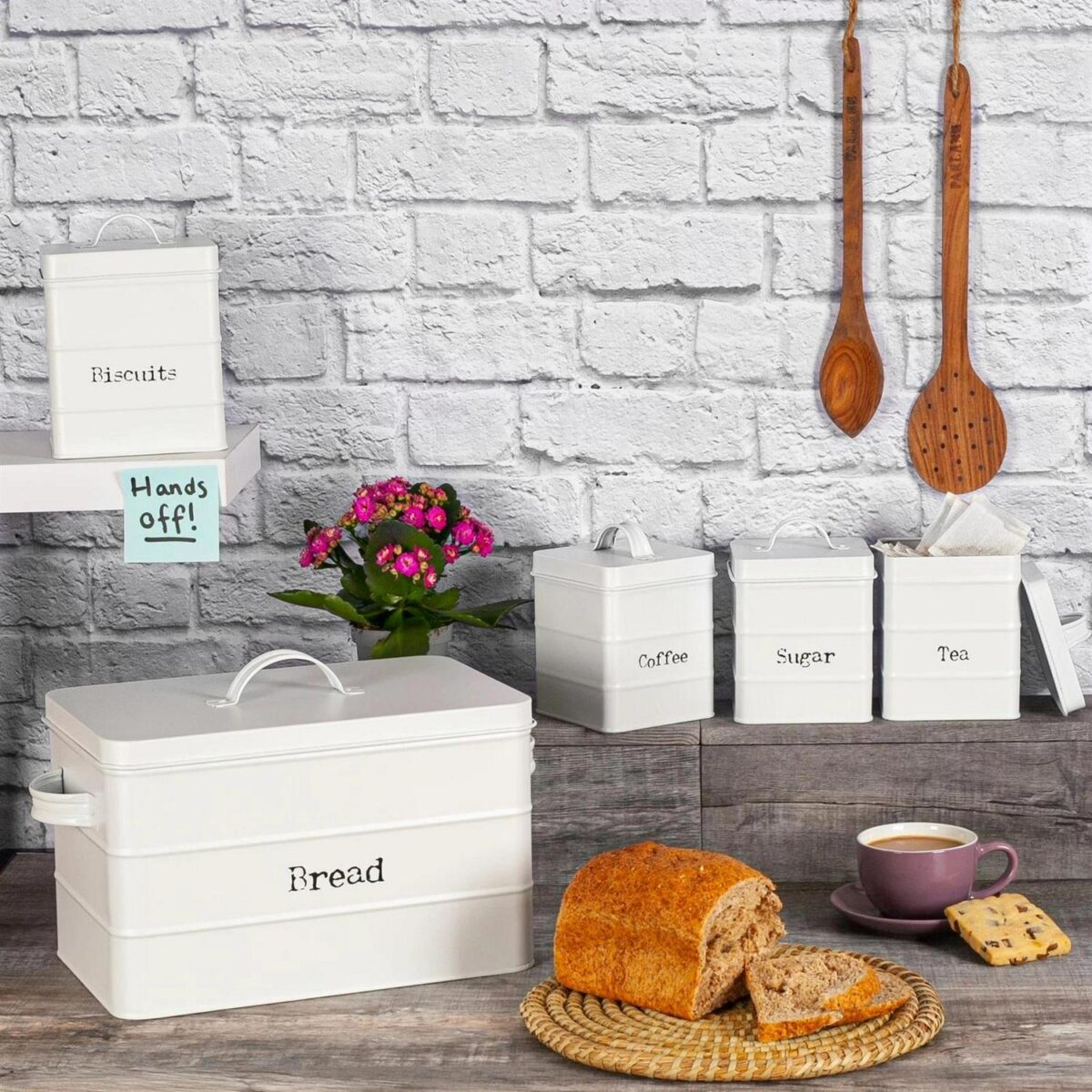 3pc Tea Coffee and Sugar Storage Canisters Metal Square Airtight Seal Matte White - Image 7