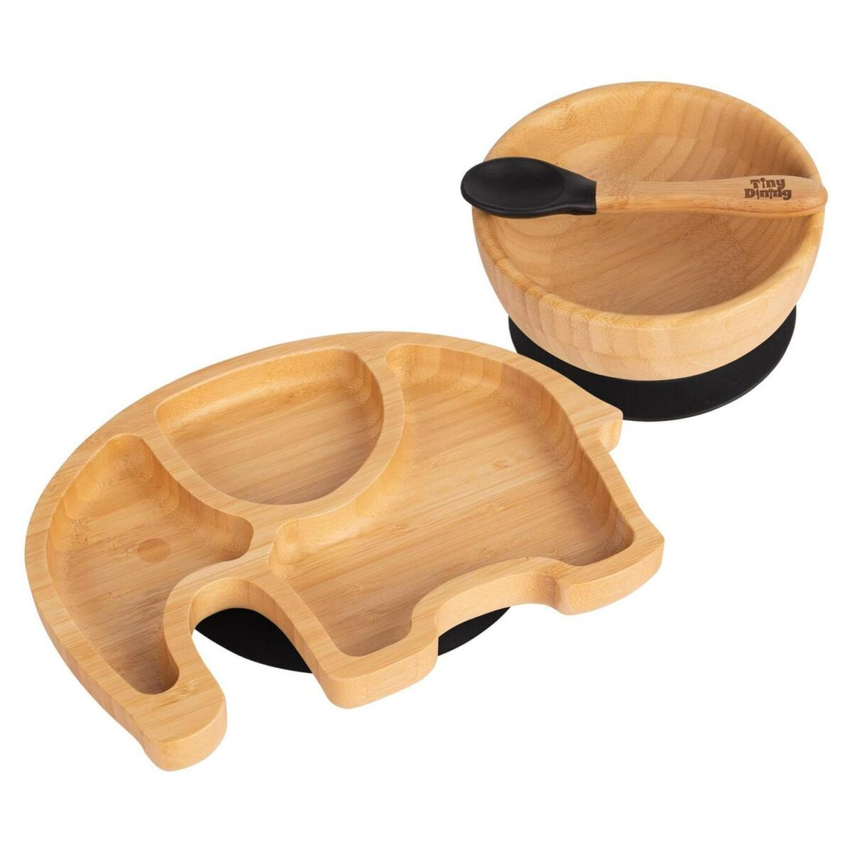 3pc Tiny Dining Black Elephant Bamboo Baby Feeding Set Kids Plate Bowl Spoon - Image 1