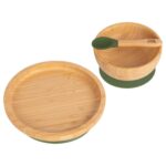 3pc Tiny Dining Olive Green Round Bamboo Baby Feeding Set Kids Plate Bowl Spoon