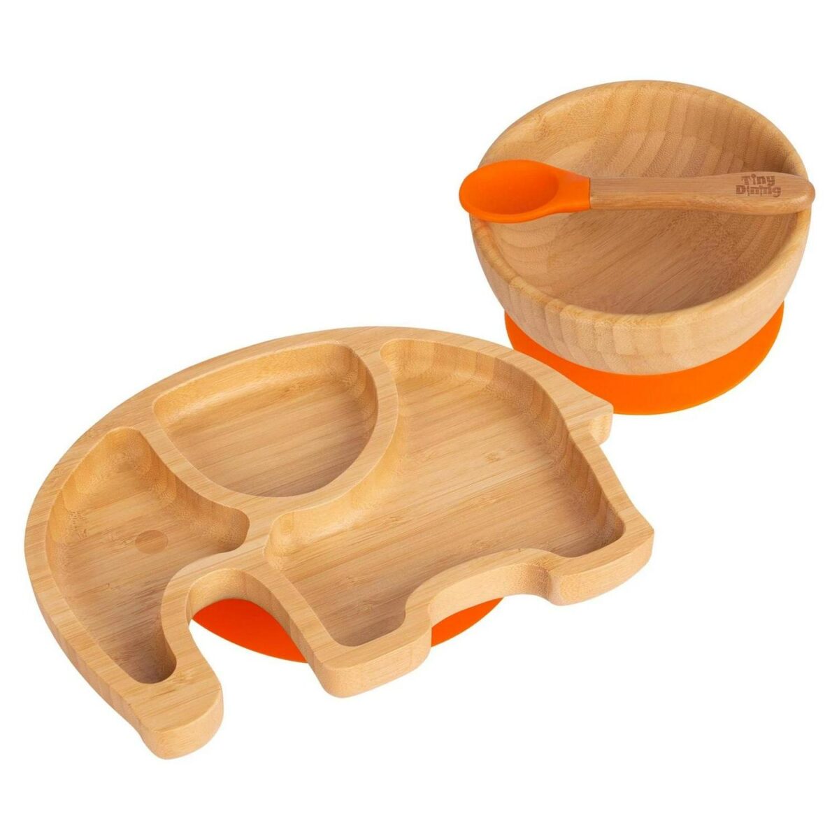 3pc Tiny Dining Orange Elephant Bamboo Baby Feeding Set Kids Plate Bowl Spoon - Image 1