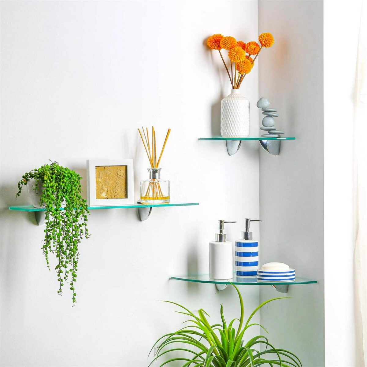 3x Clear 20cm Floating Glass Corner Shelves Bathroom Shelf with Chrome Brackets - Image 7
