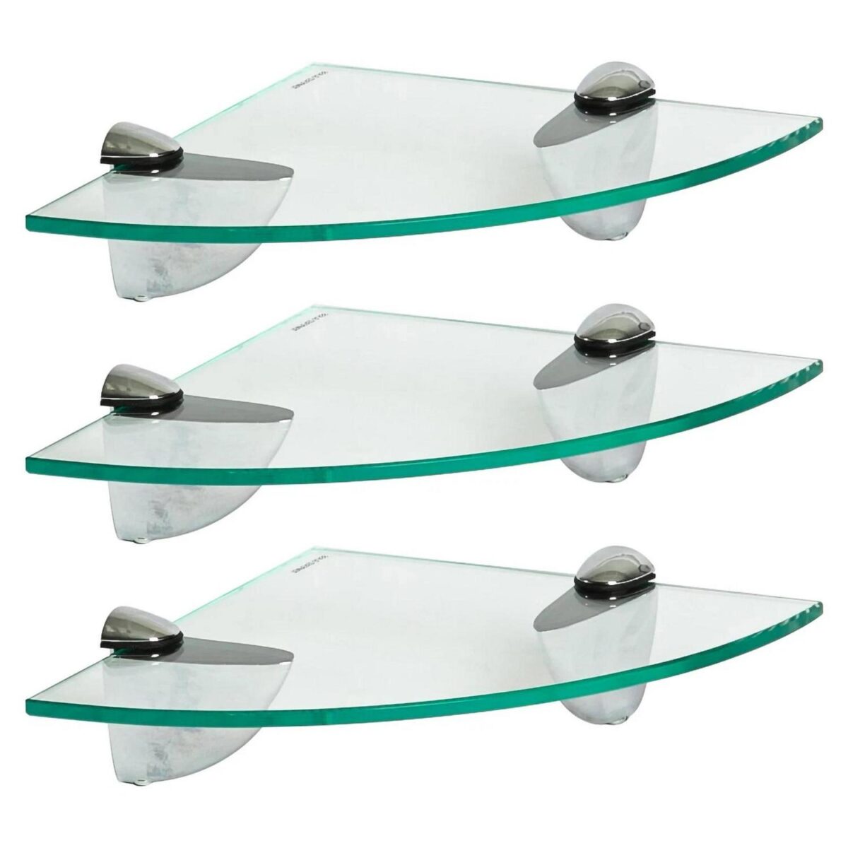 3x Clear 20cm Floating Glass Corner Shelves Bathroom Shelf with Chrome Brackets - Image 1