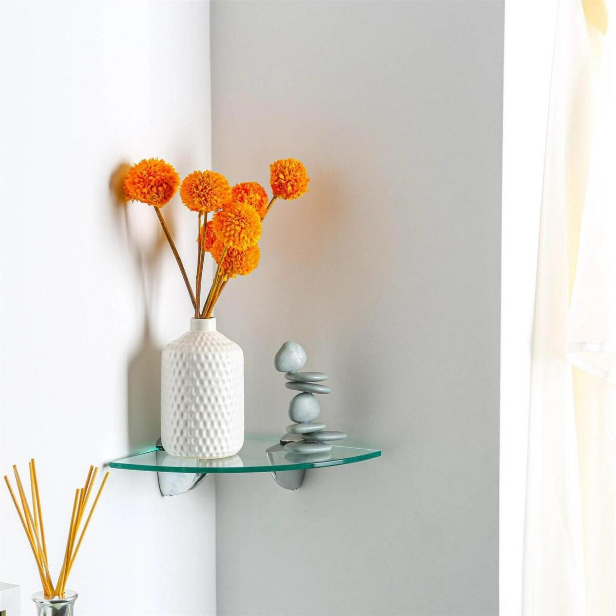 3x Clear 20cm Floating Glass Corner Shelves Bathroom Shelf with Chrome Brackets - Image 5