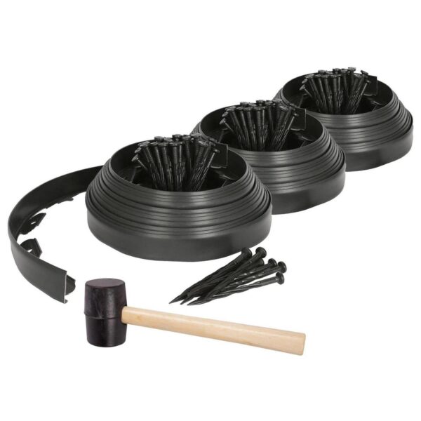 3x Flexible Plastic Lawn and Path Edging with 120 Pegs and Mallet 30m x 4cm Black