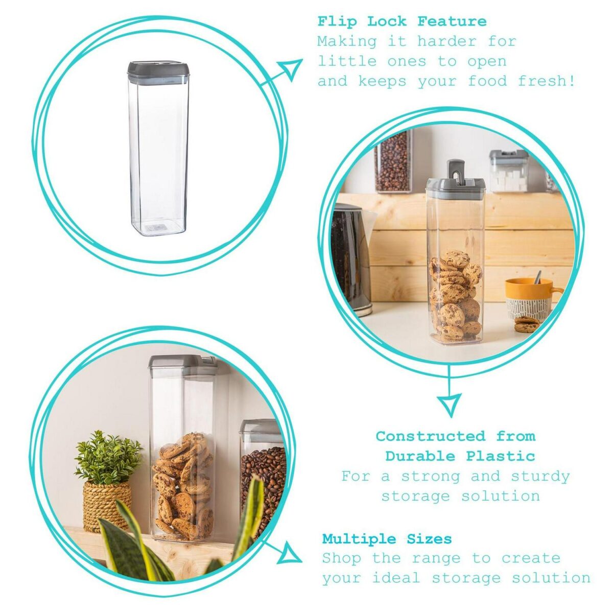 3x Flip Lock Plastic Food Storage Containers Kitchen Food Canister 1.9 Litre - Image 2