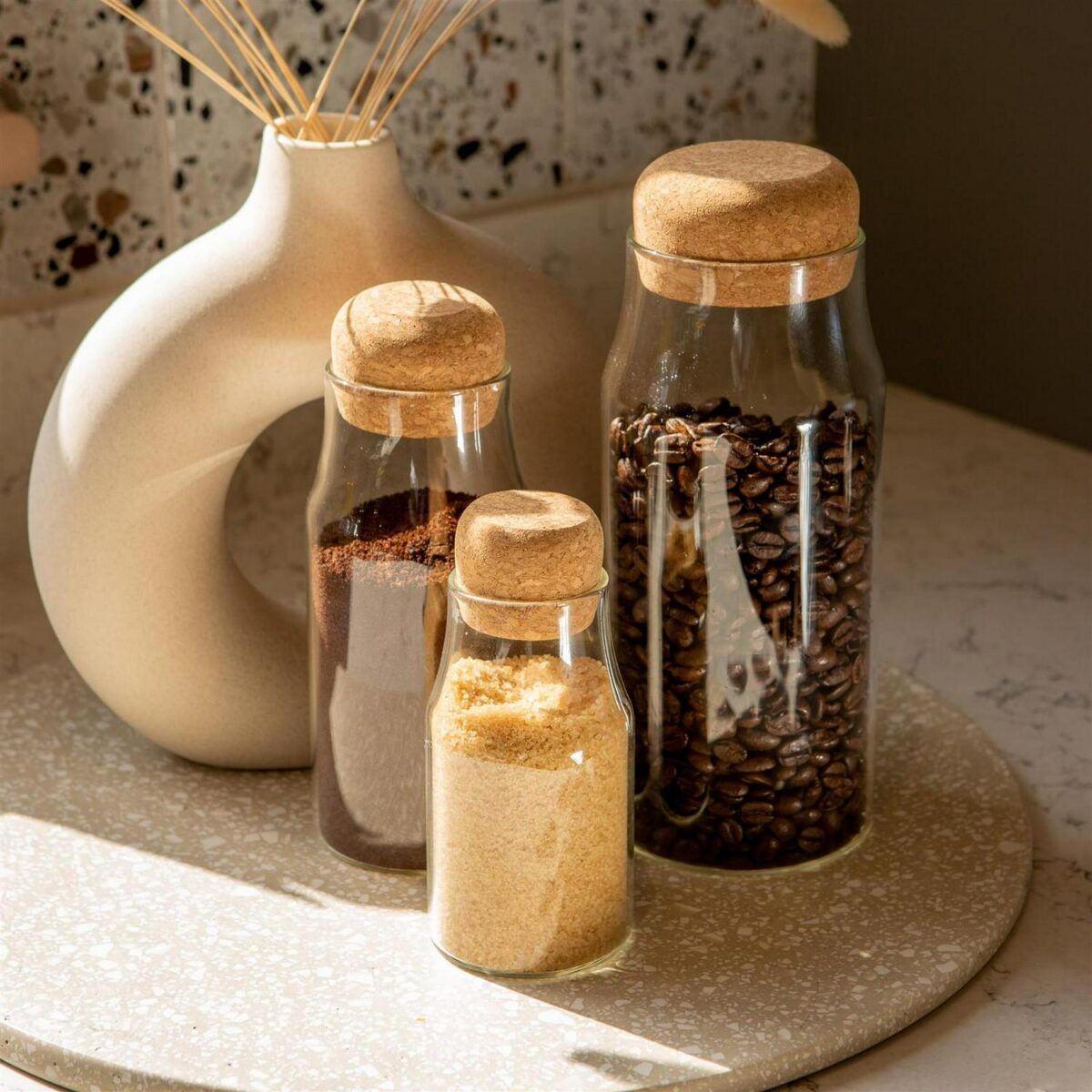 3x Glass Storage Bottles with Cork Lids Kitchen Pantry Food Canister 180ml - Image 5