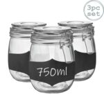 3x Glass Storage Jars and Labels Vintage Food Container 750ml Clear Seal
