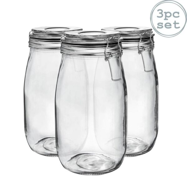 3x Glass Storage Jars Vintage Food Preserving Container 1.5 Litre Black Seal