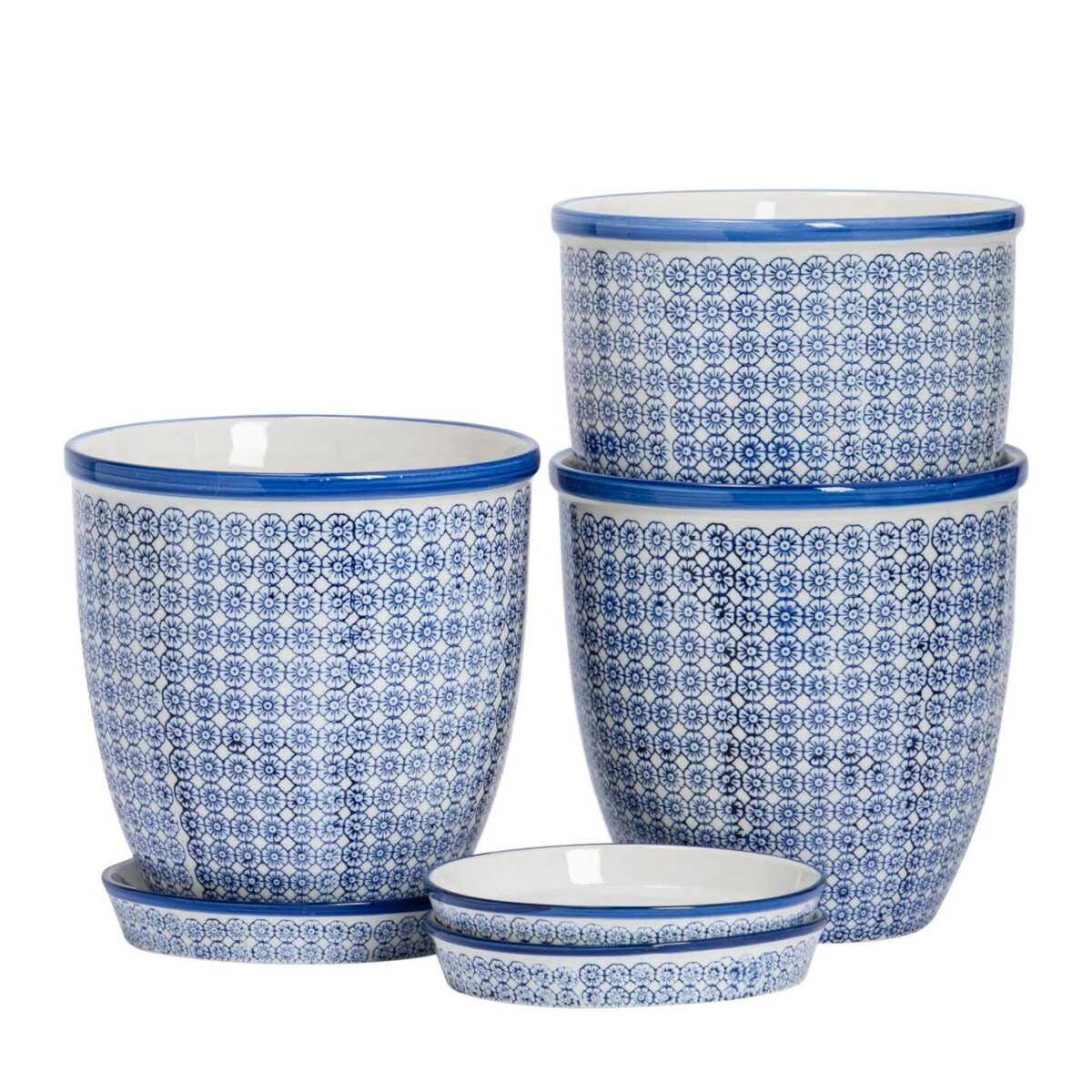 3x Hand-Printed Plant Pots with Saucers Garden Flower Planter 20.5cm Navy - Image 1
