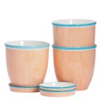 3x Hand-Printed Plant Pots with Saucers Garden Flower Planter 20.5cm Orange