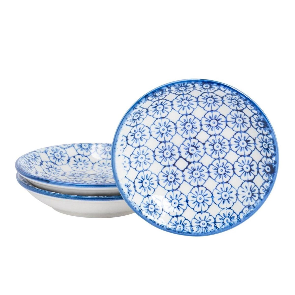 3x Hand-Printed Sauce Dishes Japanese Style Porcelain Snack Salsa Dip 10cm Navy - Image 1