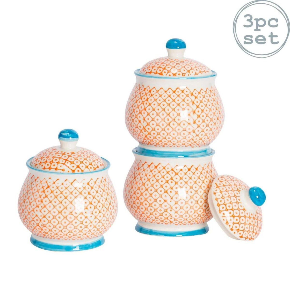 3x Hand-Printed Sugar Bowls Japanese Style Porcelain Kitchen Pot 10cm Orange - Image 1