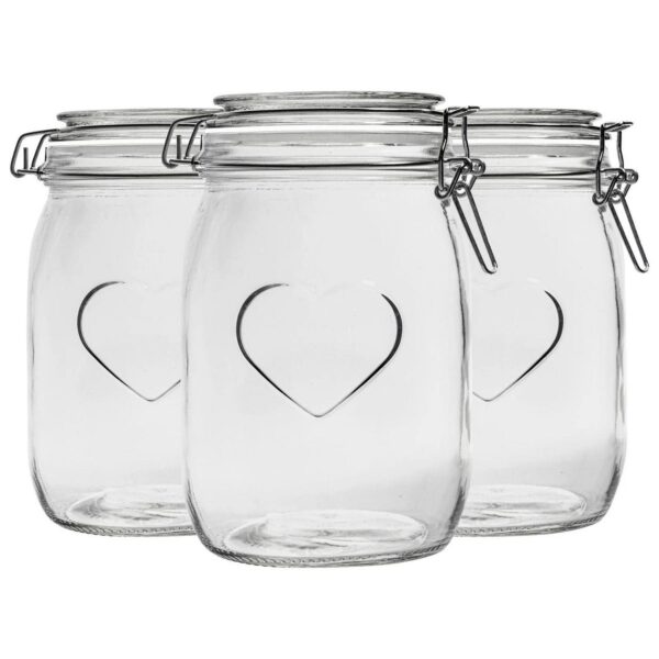 3x Heart Glass Storage Jars Food Container Clip Lid 1 Litre White Seal