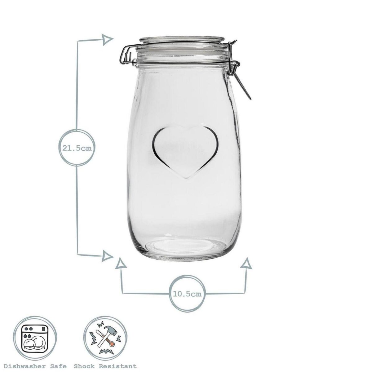 3x Heart Glass Storage Jars Food Container Clip Lid 1.5 Litre White Seal - Image 3