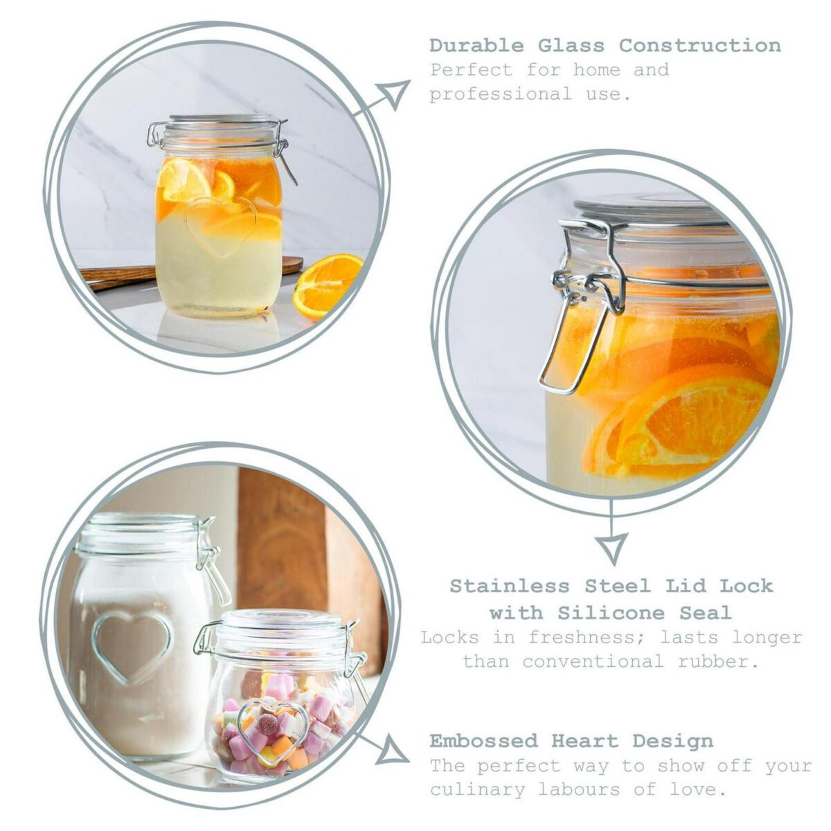 3x Heart Glass Storage Jars Food Container Clip Lid 1.5 Litre White Seal - Image 2