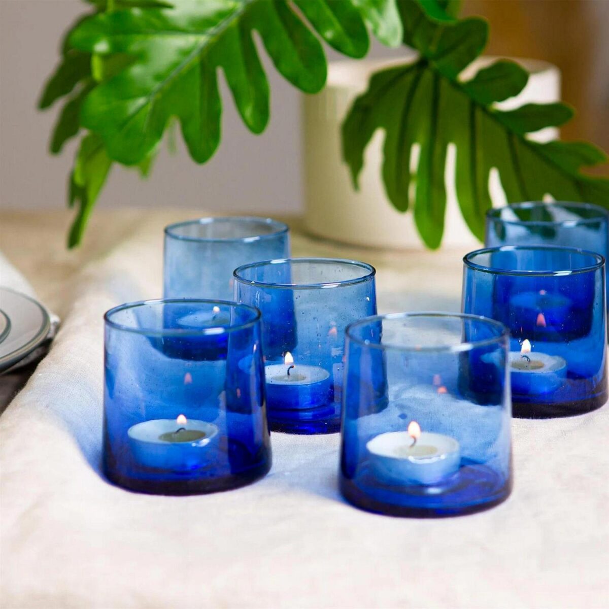 3x Merzouga Recycled Glass Tealight Holders Decorative Candle Lantern 7cm Blue - Image 5
