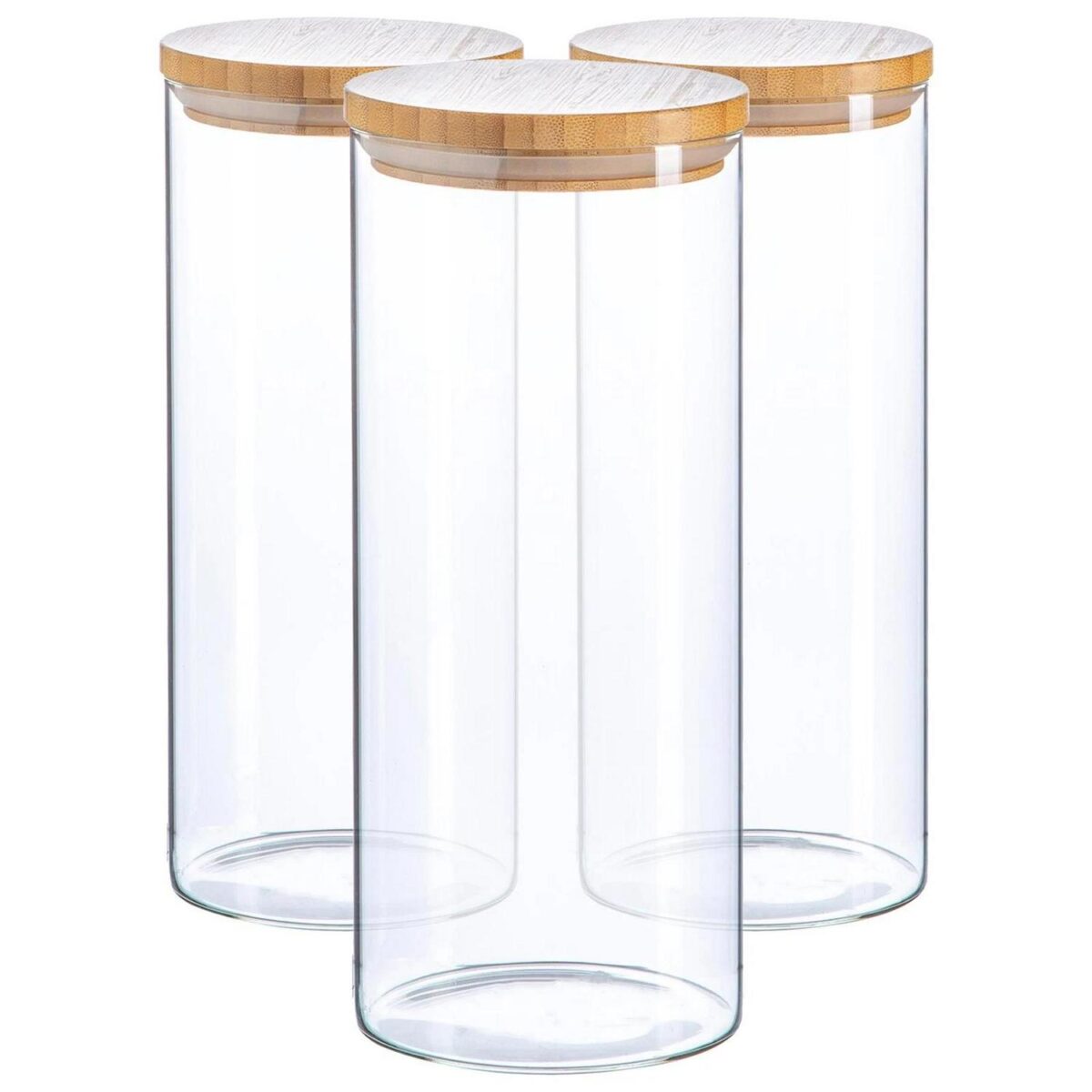 3x Scandi Glass Storage Jars with Wooden Lids Kitchen Food Canister 1.5 Litre - Image 1