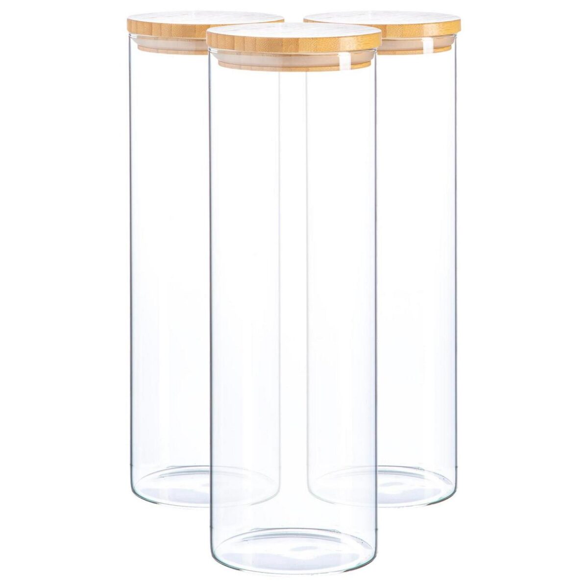 3x Scandi Glass Storage Jars with Wooden Lids Kitchen Food Canister 2 Litre - Image 1