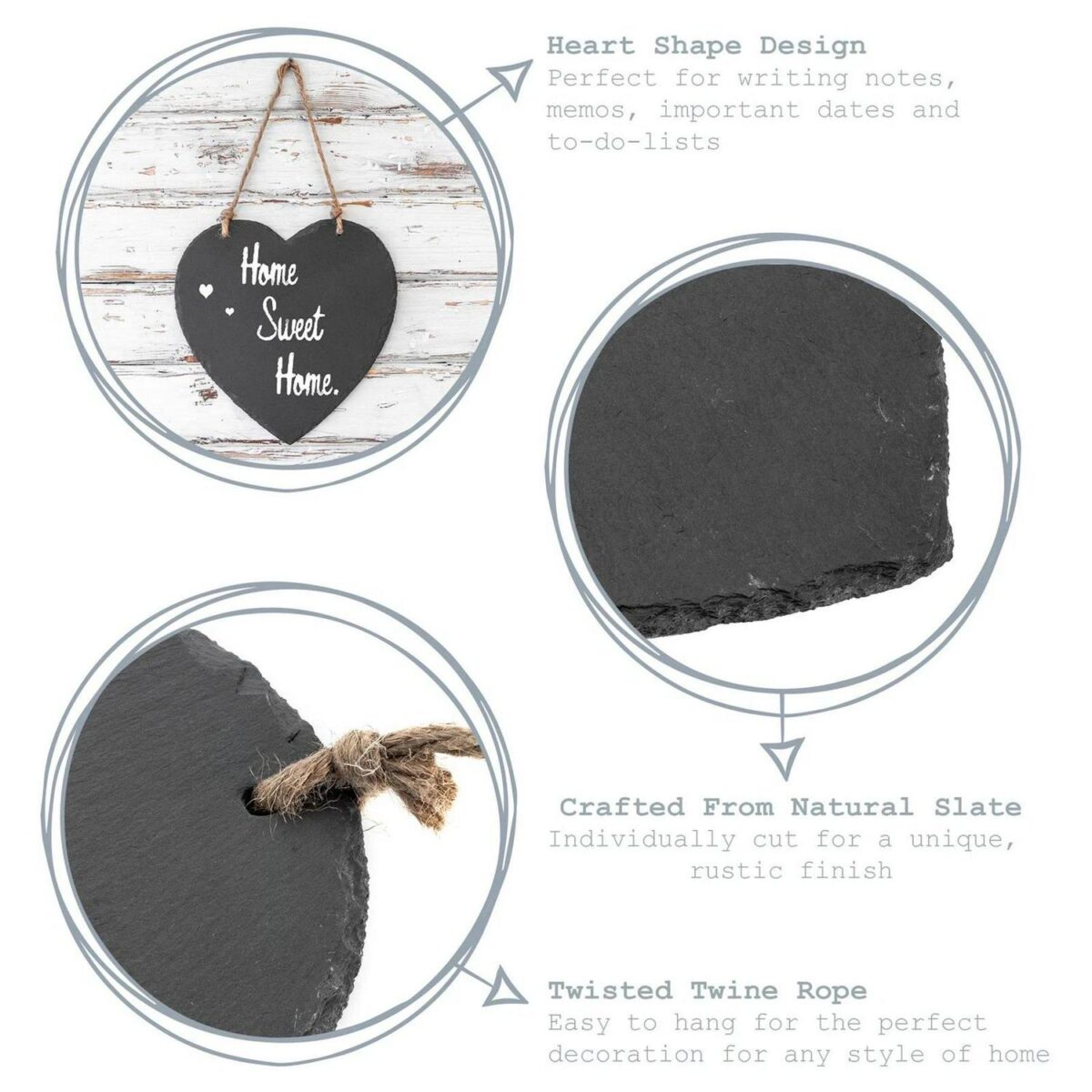 3x Slate Heart Hanging Notice Boards Rustic Restaurant Kitchen Memo Chalkboard - Image 2