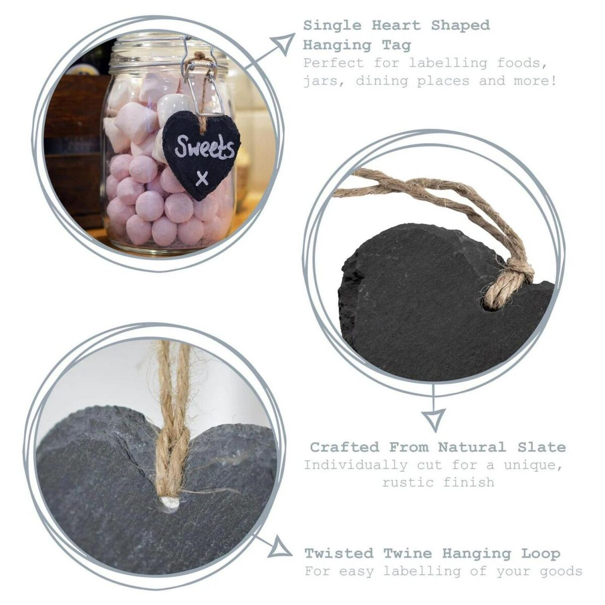 3x Slate Heart Hanging Tags Rustic Kitchen Preserving Jar Decoration Labels - Image 2