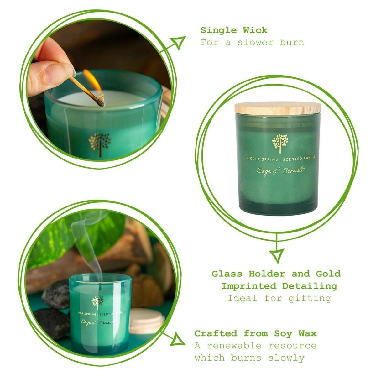 3x Soy Wax Scented Candles Aromatherapy Gift 21hr Burn 130g Sage and Seasalt - Image 2