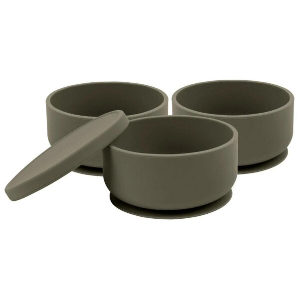 3x Tiny Dining Silver Sage Silicone Baby Suction Bowls with Lid Toddler Feeding