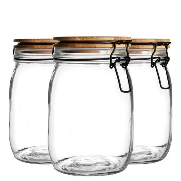 3x Wooden Clip Lid Storage Jars Food Kitchen Container 1 Litre Clear Seal