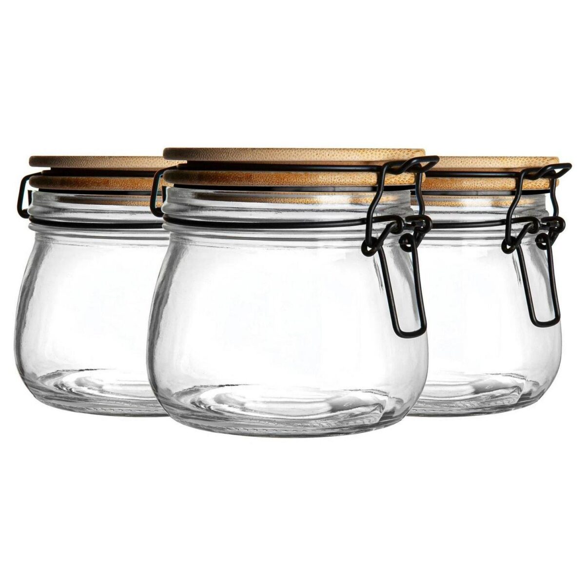 3x Wooden Clip Lid Storage Jars Modern Food Kitchen Container 500ml Black Seal - Image 1