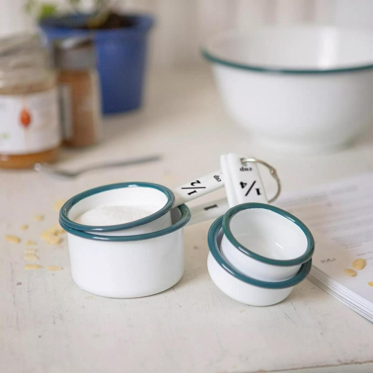 4pc Green White Enamel Measuring Cups Set Kitchen Baking Flour Cooking Spoons - Image 5