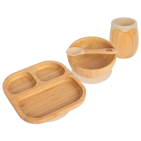 4pc Tiny Dining Beige Divided Bamboo Baby Feeding Set Kids Plate Bowl Spoon Cup