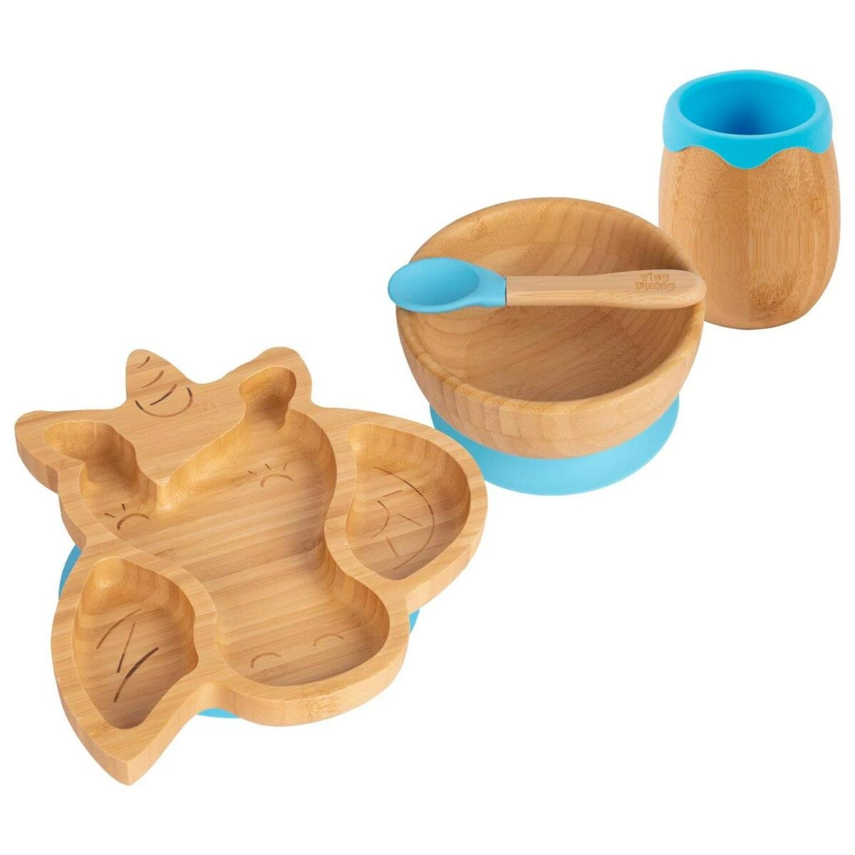 4pc Tiny Dining Blue Unicorn Bamboo Baby Feeding Set Kids Plate Bowl Spoon Cup - Image 1