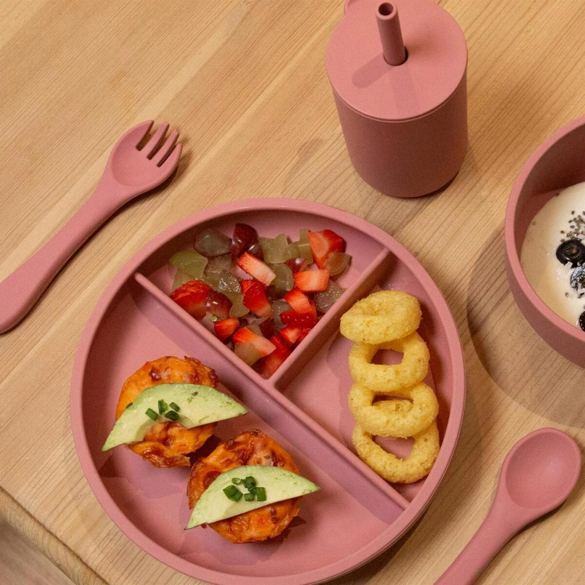 4pc Tiny Dining Dusty Rose Silicone Baby Feeding Set Suction Plate Sippy Cup - Image 5