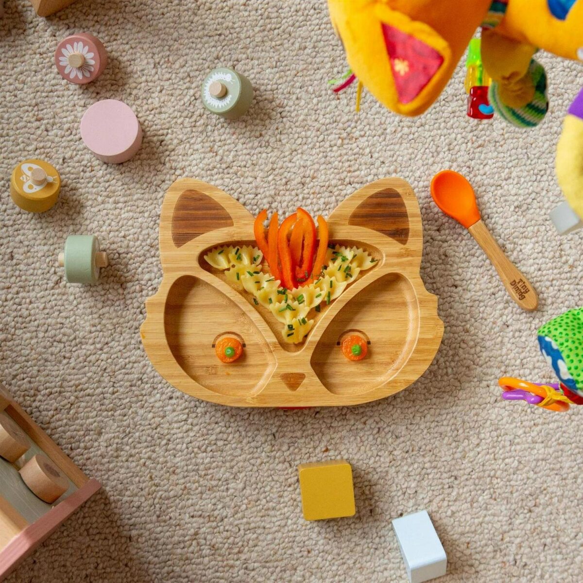 4pc Tiny Dining Green Fox Bamboo Baby Feeding Set Kids Plate Bowl Spoon Cup - Image 5