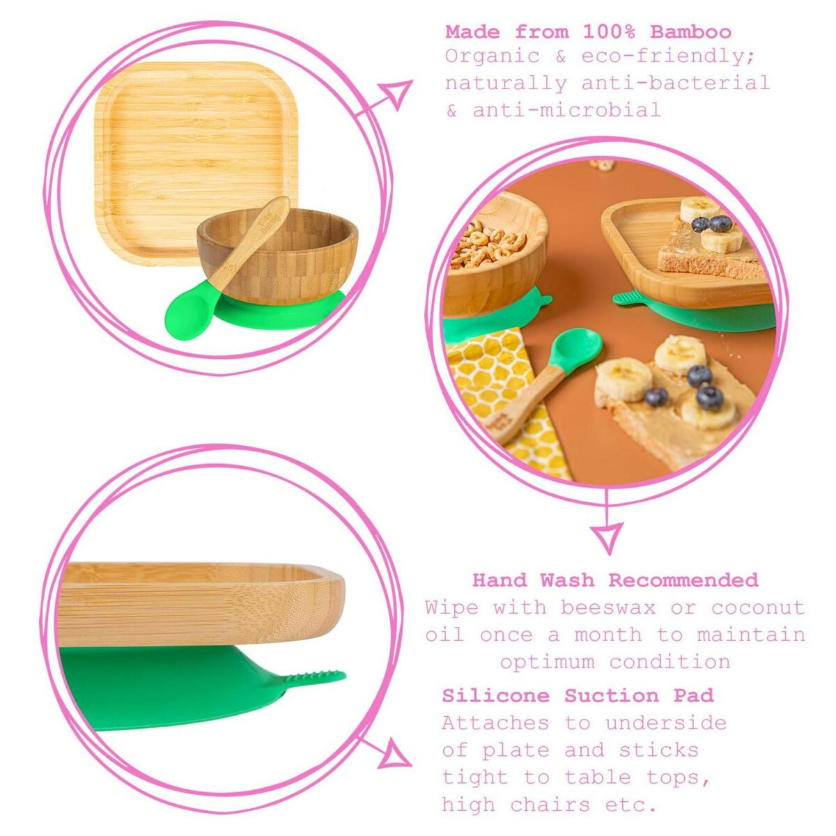 4pc Tiny Dining Green Square Bamboo Baby Feeding Set Kids Plate Bowl Spoon Cup - Image 2