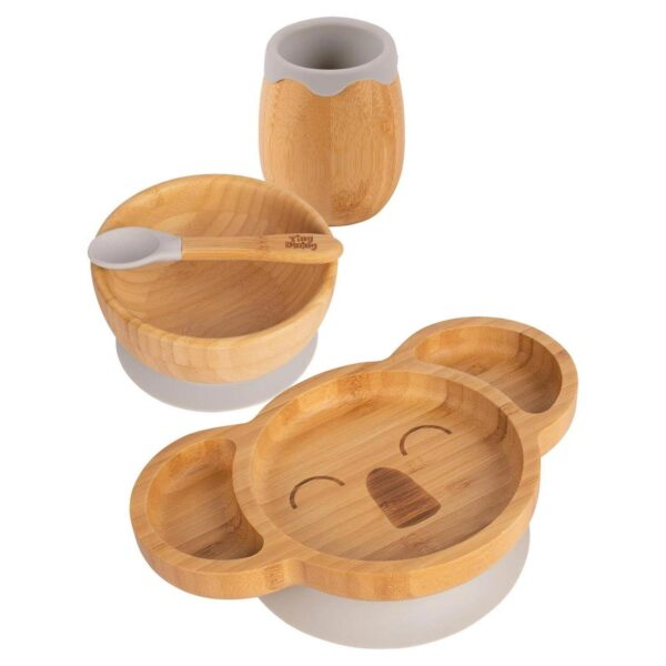 4pc Tiny Dining Grey Koala Bamboo Baby Feeding Set Kids Plate Bowl Spoon Cup