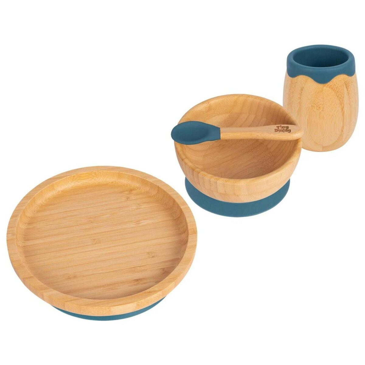 4pc Tiny Dining Navy Blue Round Bamboo Baby Feeding Set Plate Bowl Spoon Cup - Image 1