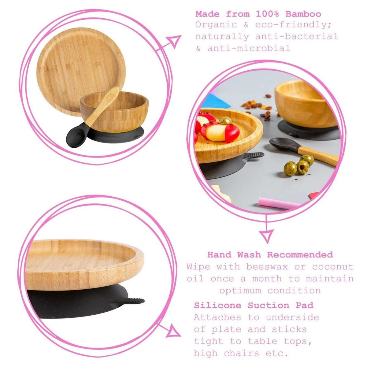 4pc Tiny Dining Navy Blue Round Bamboo Baby Feeding Set Plate Bowl Spoon Cup - Image 2