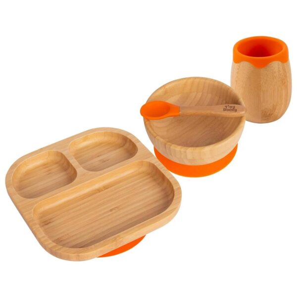 4pc Tiny Dining Orange Divided Bamboo Baby Feeding Set Kids Plate Bowl Spoon Cup