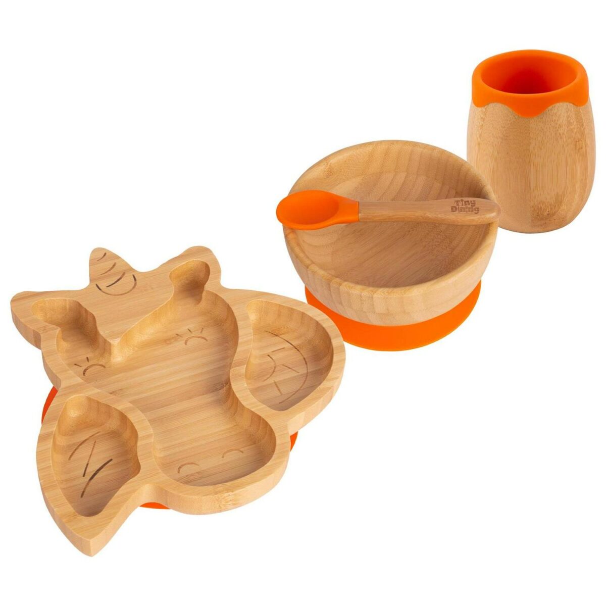 4pc Tiny Dining Orange Unicorn Bamboo Baby Feeding Set Kids Plate Bowl Spoon Cup - Image 1