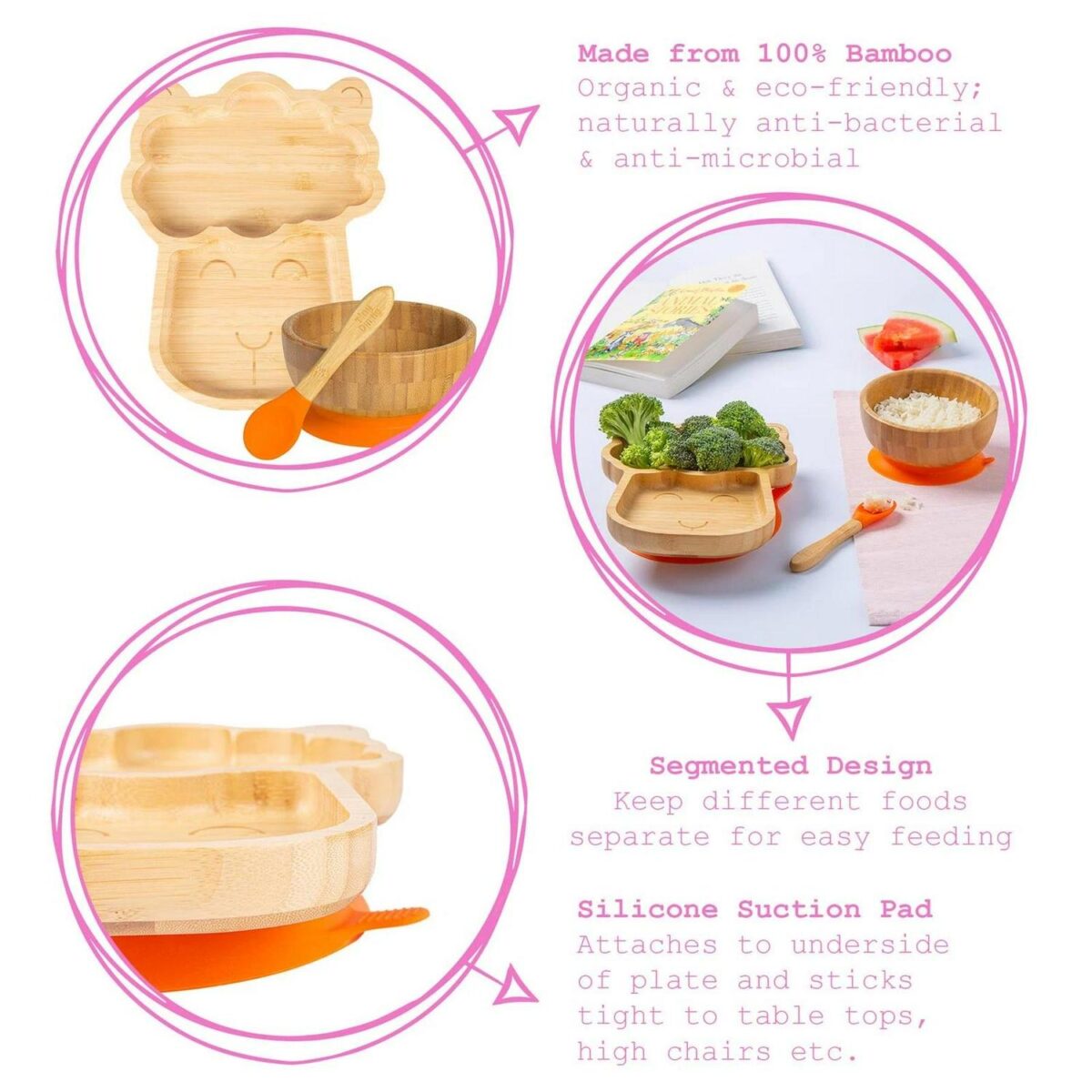 4pc Tiny Dining Orange Llama Bamboo Baby Feeding Set Kids Plate Bowl Spoon Cup - Image 2