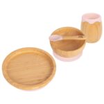 4pc Tiny Dining Pastel Pink Round Bamboo Baby Feeding Set Plate Bowl Spoon Cup